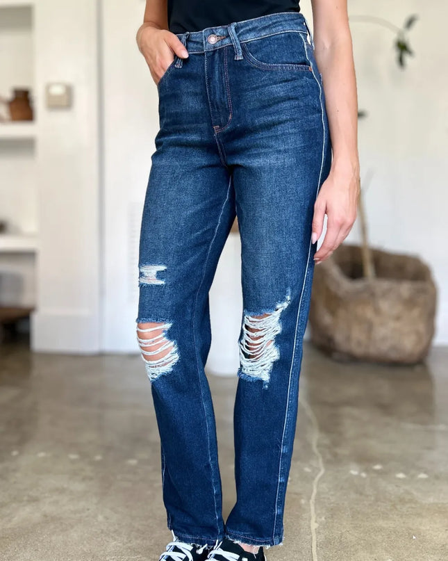 Judy Blue Full Size High Waist Rigid Magic Heavy Destroy Straight Jeans 
