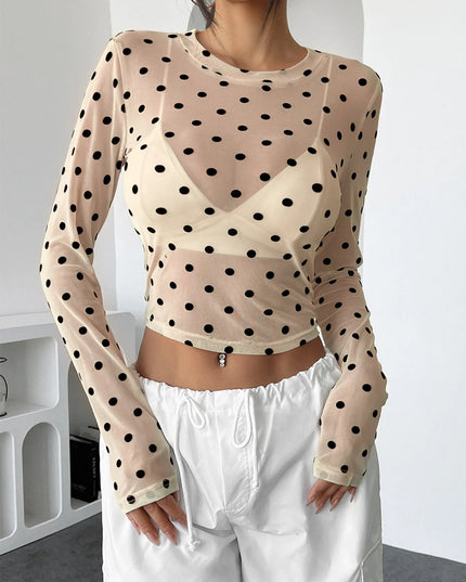 Polka Dot Mesh Long Sleeve Crop Top