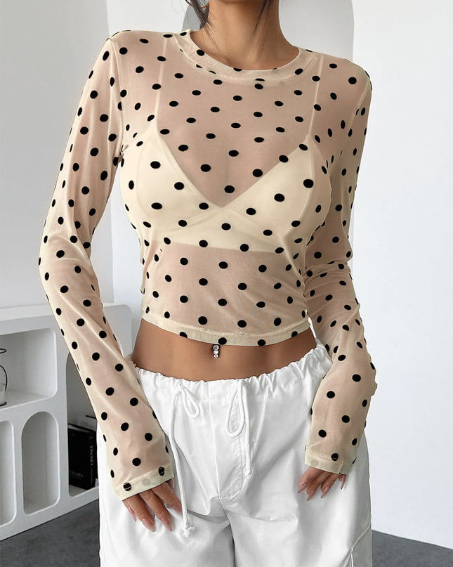Polka Dot Mesh Long Sleeve Crop Top