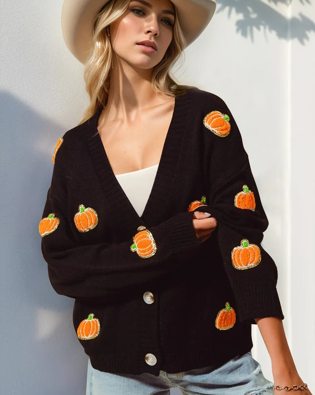 Double Take Full Size Pumpkin Button Up Long Sleeve Cardigan Black