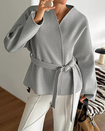 Surplice Dropped Shoulder Tie Belt Outerwear Gray