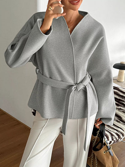 Surplice Dropped Shoulder Tie Belt Outerwear Gray