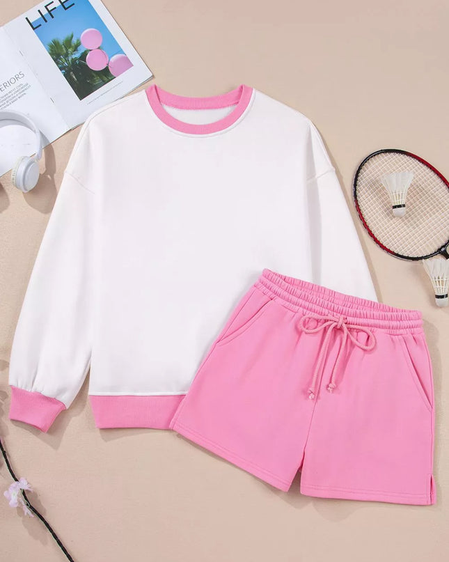 Color Block Sweatshirt and Elastic Waist Shorts Set