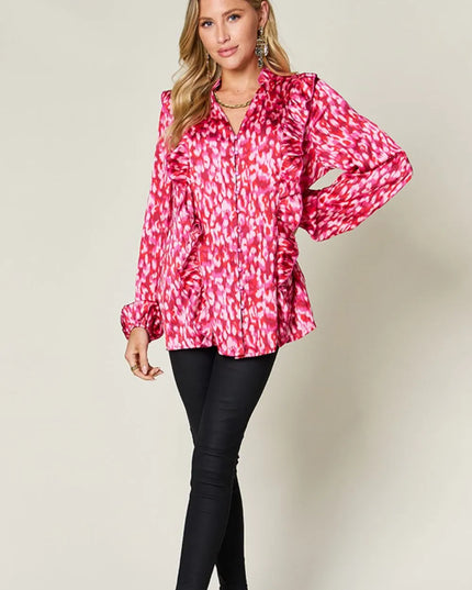 Double Take Full Size Printed Ruffle Trim Balloon Sleeve Shirt