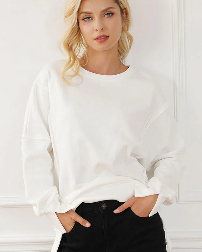 Exposed Seam High-Low Long Sleeve Sweatshirt White One Size