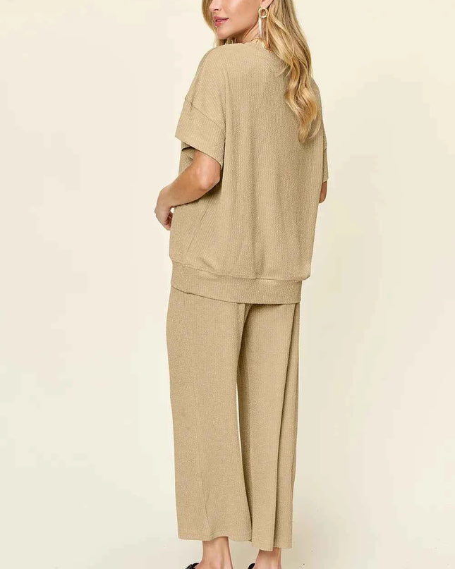 Double Take Full Size Texture Round Neck Short Sleeve T-Shirt and Wide Leg Pants