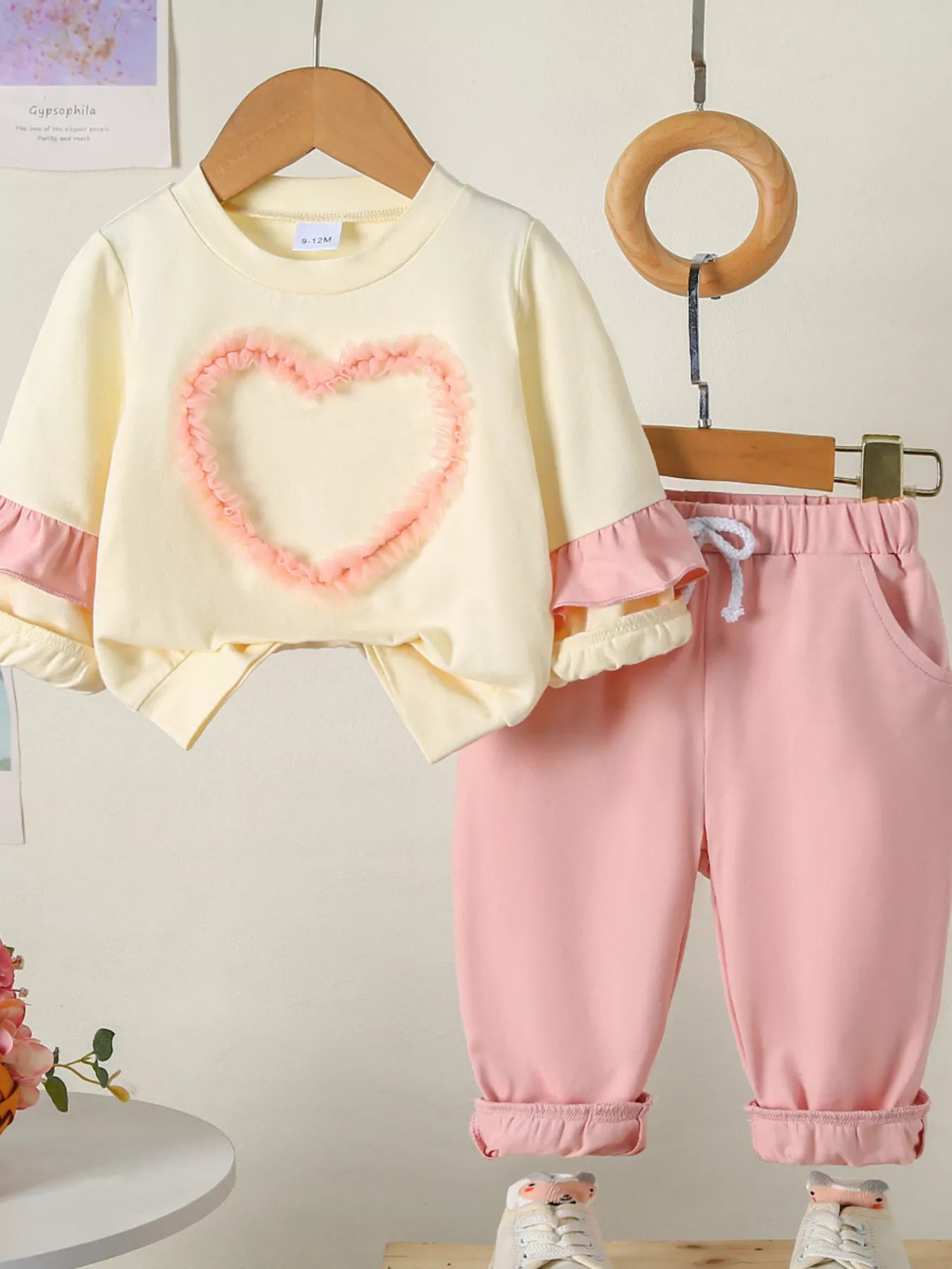 Children's Flower Long Sleeve Top and Pants Set Blush Pink