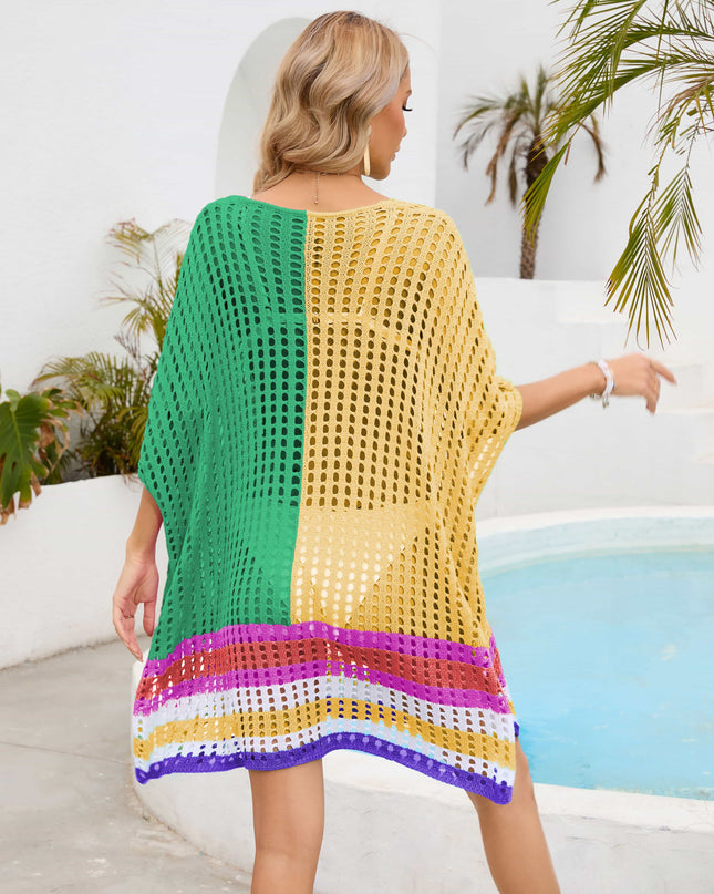 Contrast Scoop Neck Openwork Half Sleeve Cover Up