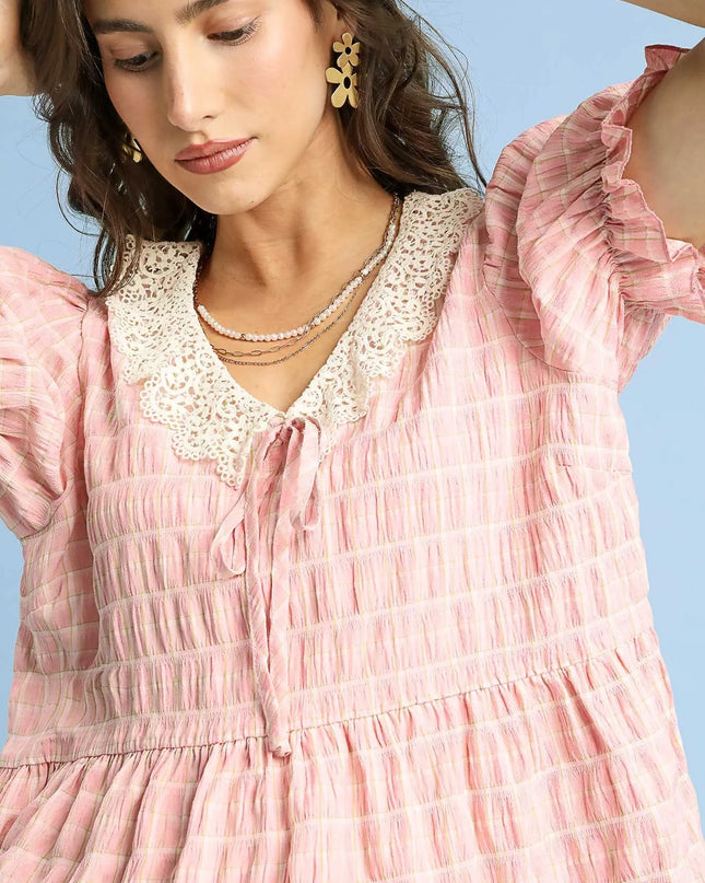 Umgee Short Sleeve Gingham Lace Peplum Blouse