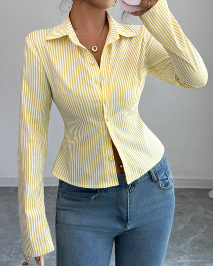 Striped Button-Up Long Sleeve Shirt Pastel Yellow