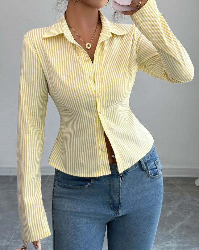 Striped Button-Up Long Sleeve Shirt Pastel Yellow
