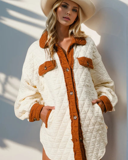 Double Take Full Size Contrast Button Up Quilted Shacket Cream