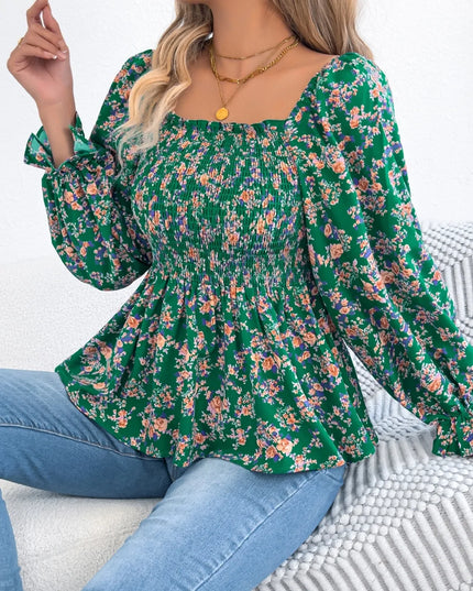 Floral Square Neck Flounce Sleeve Blouse 