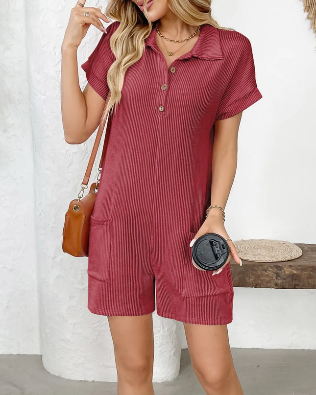 Button Detail Collared Neck Short Sleeve Romper