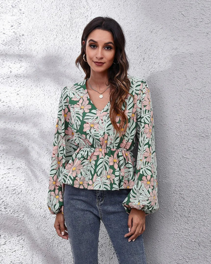Floral V-Neck Balloon Sleeve Peplum Blouse Green