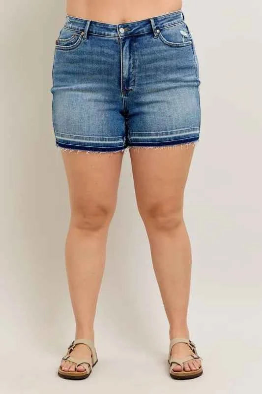 Judy Blue Plus Size Mr Tummy Control Vintage Wash Release Hem Shorts
