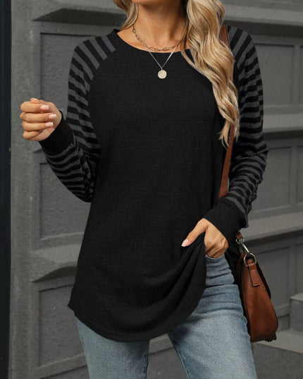 Striped Round Neck Raglan Sleeve T-Shirt Black
