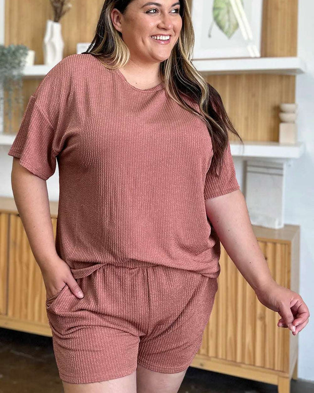 Double Take Full Size Round Neck Short Sleeve T-Shirt and Shorts Set