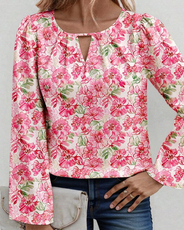 Floral Print Keyhole Neck Blouse Dusty Pink