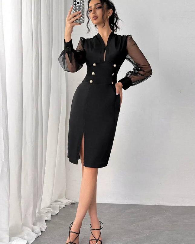 Slit Front Sheer Sleeve Dress