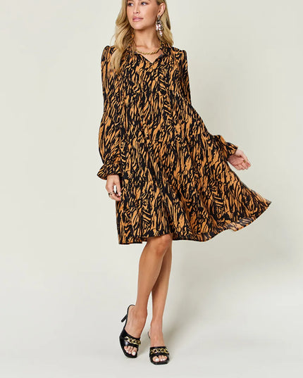 Double Take Full Size Printed Ruffle Hem Long Sleeve Dress