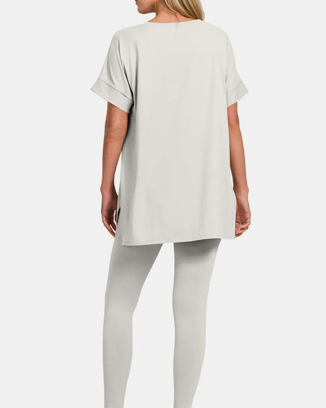 Zenana V-Neck Rolled Short Sleeve T-Shirt and Leggings Lounge Set