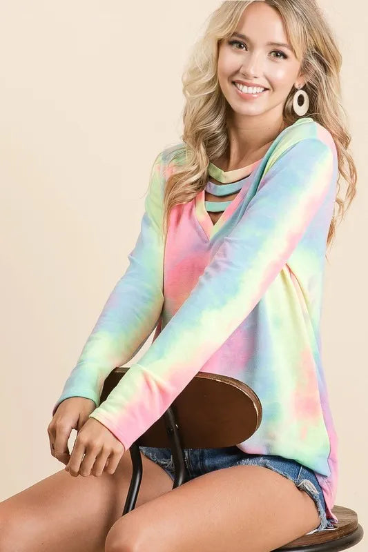 BiBi Tie Dye French Terry V-Neck Top with Strapped