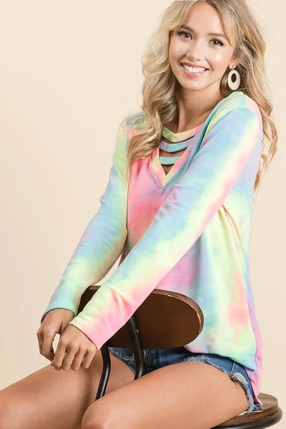 BiBi Tie Dye French Terry V-Neck Top with Strapped