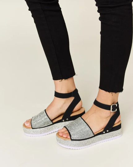 Forever Link Rhinestone Buckle Strappy Wedge Sandals Black