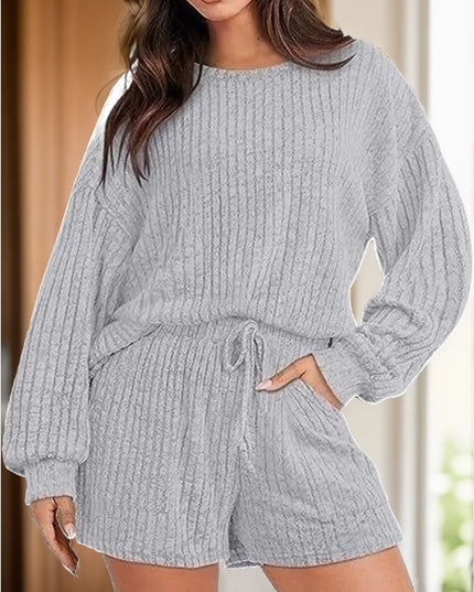 Round Neck Dropped Shoulder Top and Shorts Set Light Gray