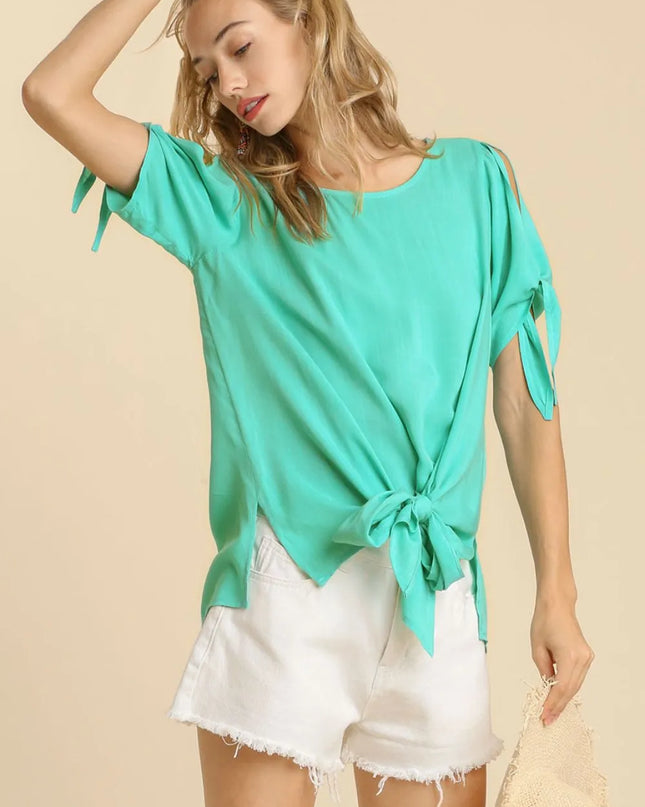Umgee Cold Shoulder Short Sleeve Round Neck Top with Side Slits and Tie-able Knot Details EMERALD