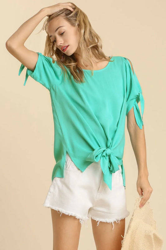 Umgee Cold Shoulder Short Sleeve Round Neck Top with Side Slits and Tie-able Knot Details EMERALD