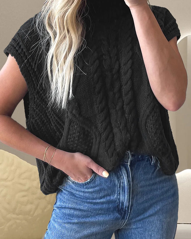 Cable-Knit Mock Neck Cap Sleeve Sweater Black