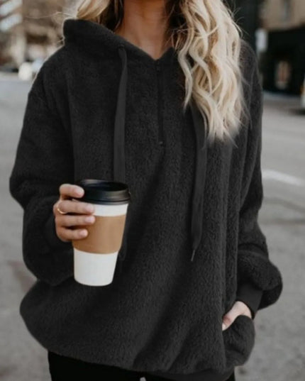 Full Size Quarter-Zip Drawstring Teddy Hoodie Black