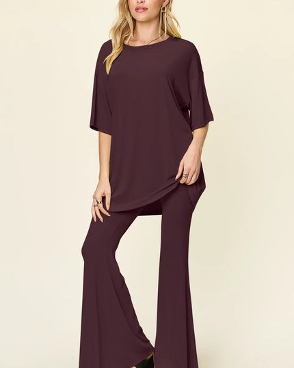 Double Take Full Size Round Neck Drop Shoulder T-Shirt and Flare Pants Set Deep Red