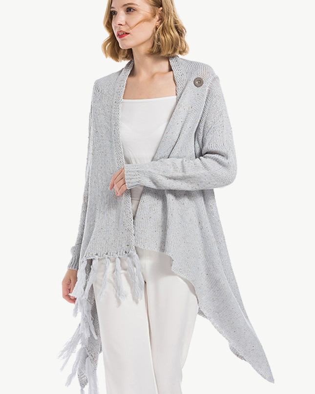 Angel Wings One-Button Tassel Tie Asymmetrical Hem Cardigan Gray