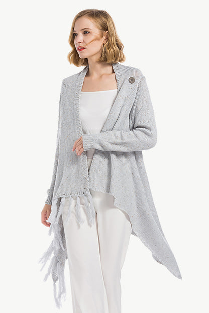 Angel Wings One-Button Tassel Tie Asymmetrical Hem Cardigan Gray