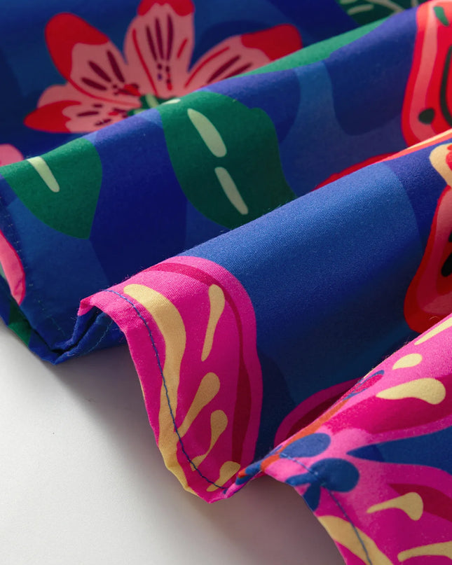 Floral Print 3/4 Sleeve V Neck Tiered Dress