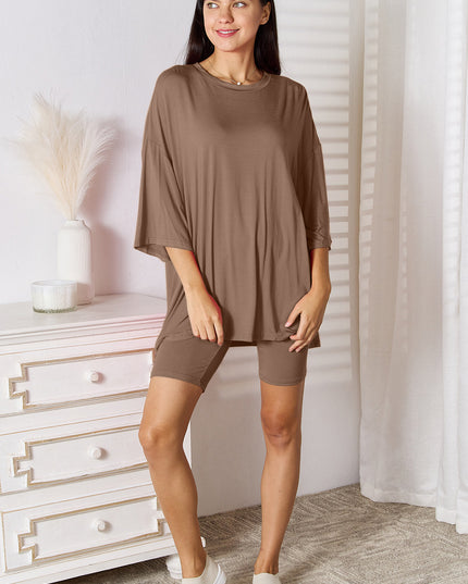 Basic Bae Full Size Soft Rayon Three-Quarter Sleeve Top and Shorts Set Mocha