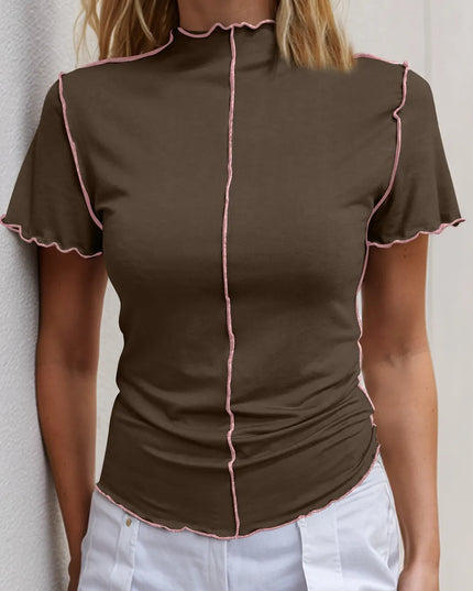 Basic Bae Contrast Trim Mock Neck Short Sleeve T-Shirt