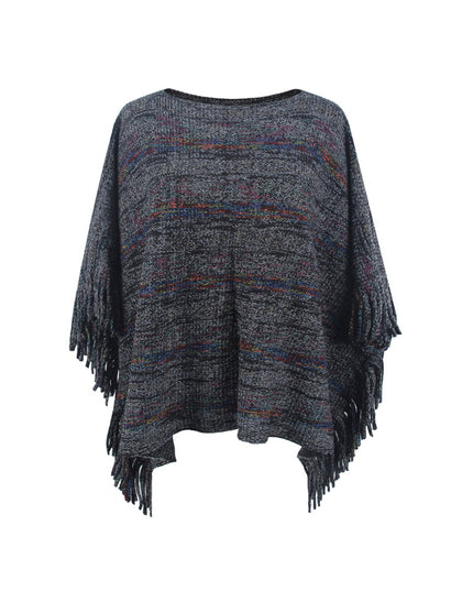 Round Neck Fringe Detail Sleeve Poncho Black One Size