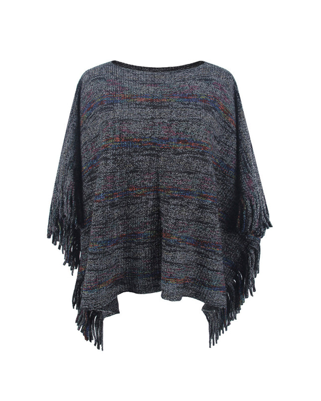 Round Neck Fringe Detail Sleeve Poncho Black One Size