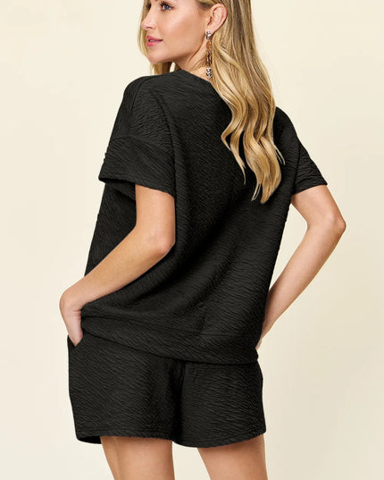 Double Take Full Size Texture Short Sleeve T-Shirt and Drawstring Shorts Set