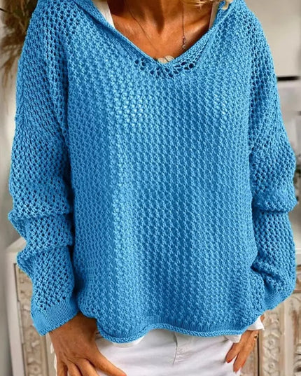 Openwork Long Sleeve Hooded Knit Cover Up Blue