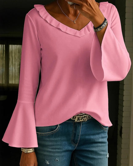 Full Size Ruffled V-Neck Bell Sleeve Top Plus Size Pink