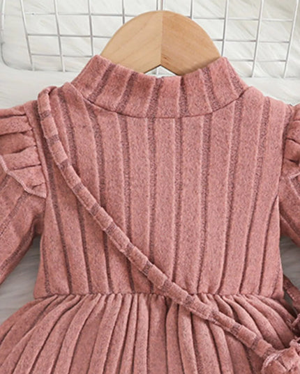 Children's Ribbed Knit Ruffle Trim Dress with Bag