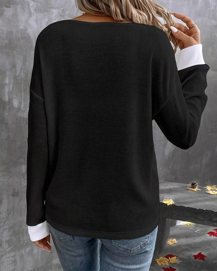 Plus Size V-Neck Long Sleeve Waffle Knit T-Shirt