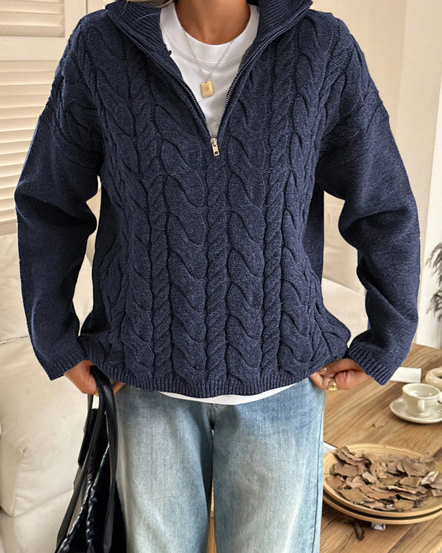 Zip Collar Cable-Knit Sweater
