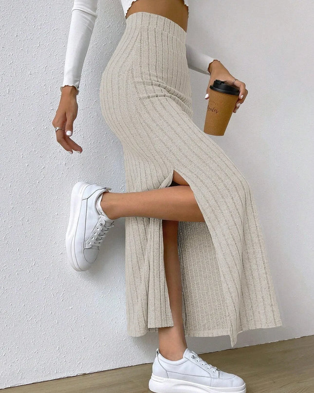 High Waist Ribbed Knit Maxi Skirt Apricot