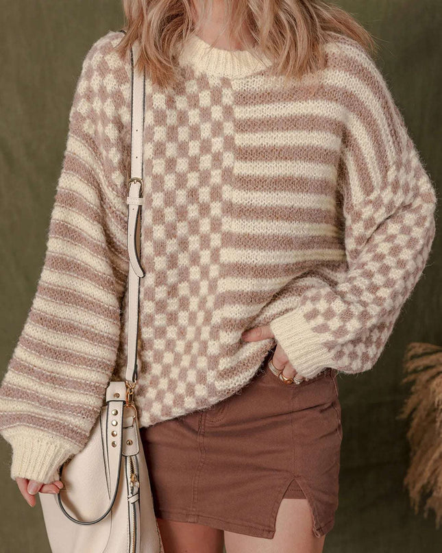 Stripe Checkerboard Drop Shoulder Balloon Sleeve Sweater